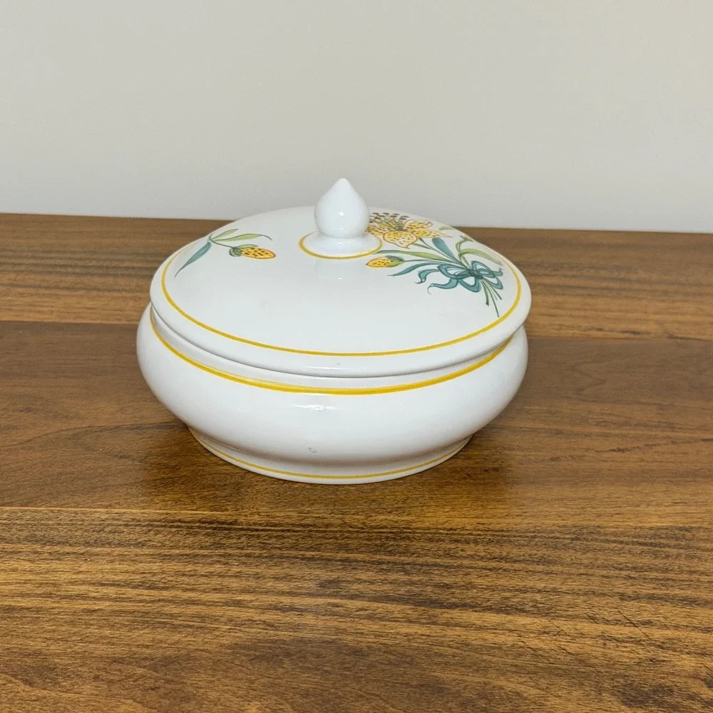 Pivato Nove Italy Pair Ceramic Lidded Vanity Jars Canisters Yellow Floral